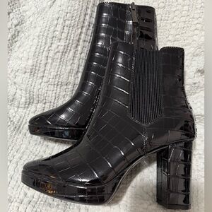 Anne Klein Glossy Black Croc-Patterned Booties